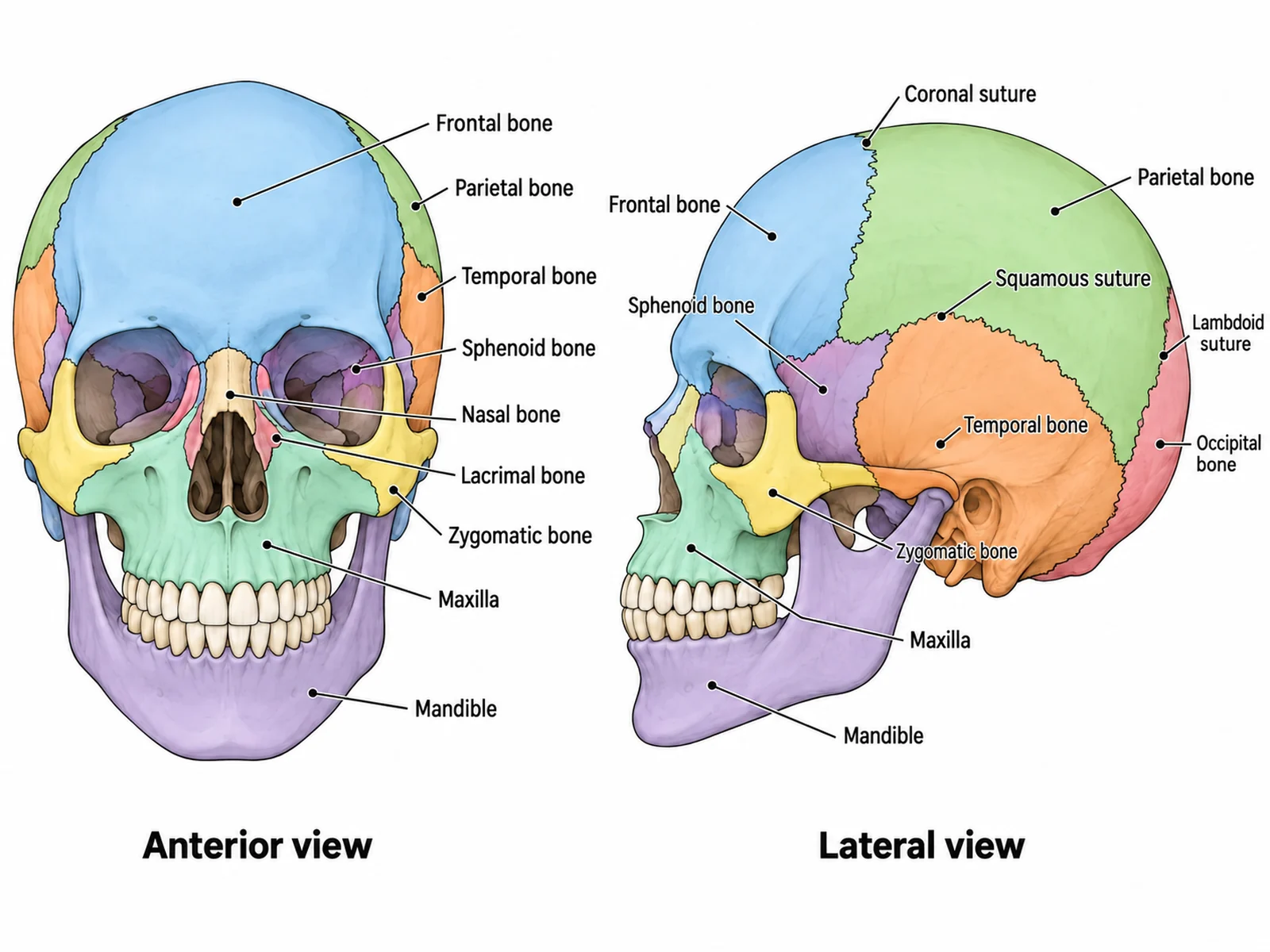 Labeled skull diagram in front and side views naming the frontal, parietal, temporal, occipital, sphenoid, nasal, lacrimal, zygomatic, maxilla, and mandible bones