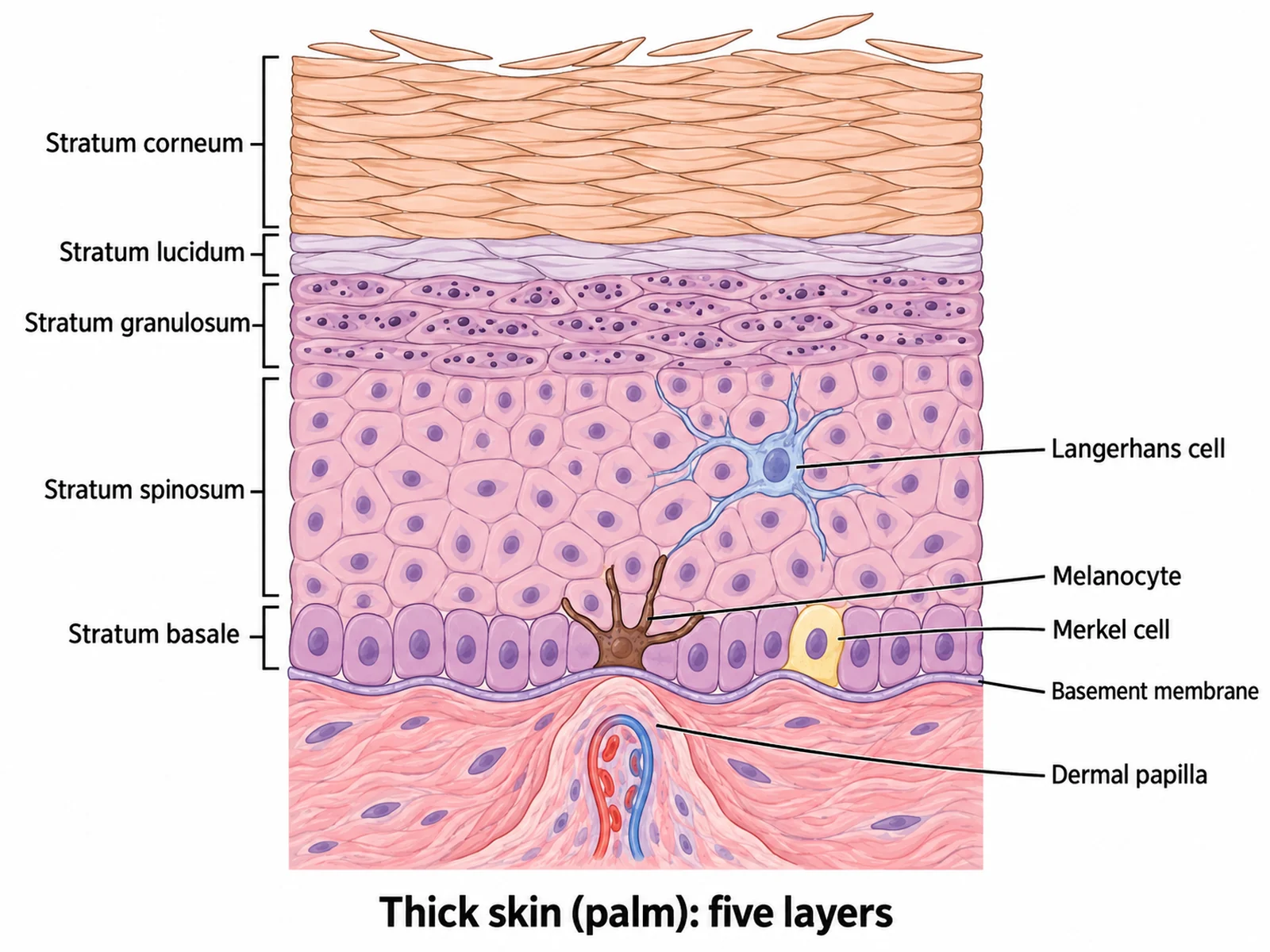 Labeled close-up of thick skin epidermis showing the stratum basale, spinosum, granulosum, lucidum and corneum above the dermal papillae