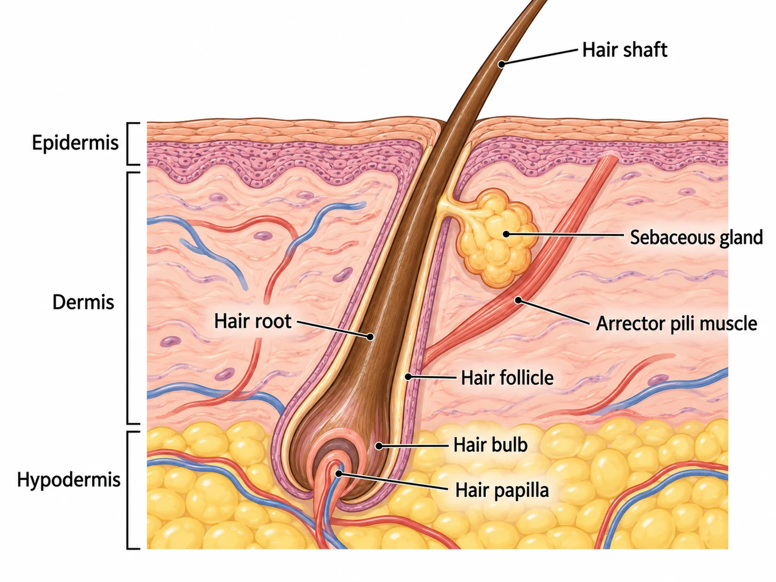 Labeled hair follicle diagram showing the hair shaft, root, bulb, hair papilla, sebaceous gland opening into the follicle, and arrector pili muscle