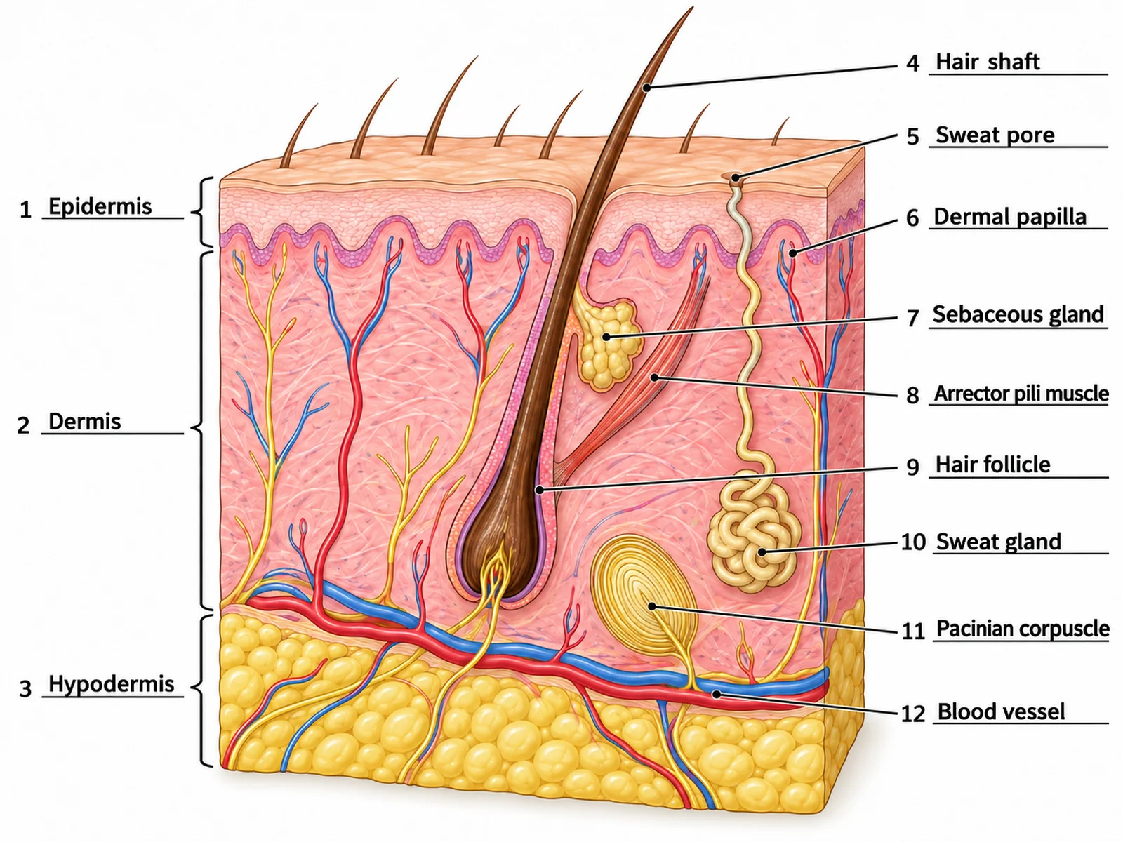 Answer key for the blank skin diagram, with the same twelve numbered lines filled in from epidermis to blood vessel