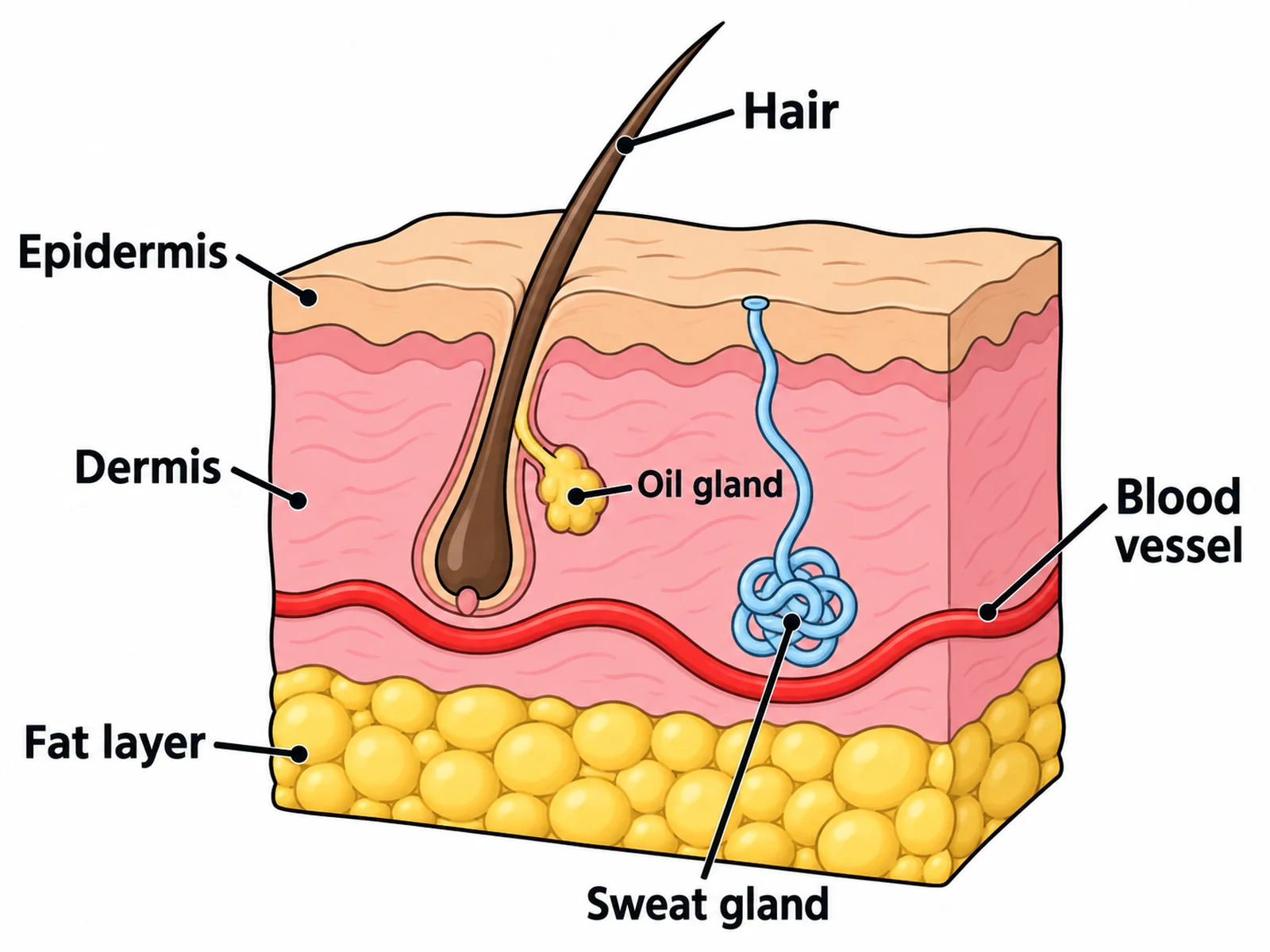 Easy, simple skin diagram for younger students labeling the epidermis, dermis, fat layer, hair, sweat gland, oil gland and blood vessel
