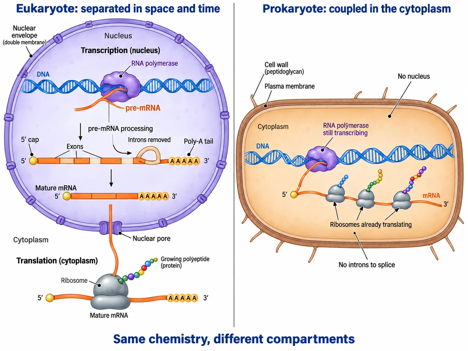 Vergleich nebeneinander: gekoppelte Transkription und Translation bei Prokaryoten und der durch die Kernhülle getrennte Ablauf bei Eukaryoten