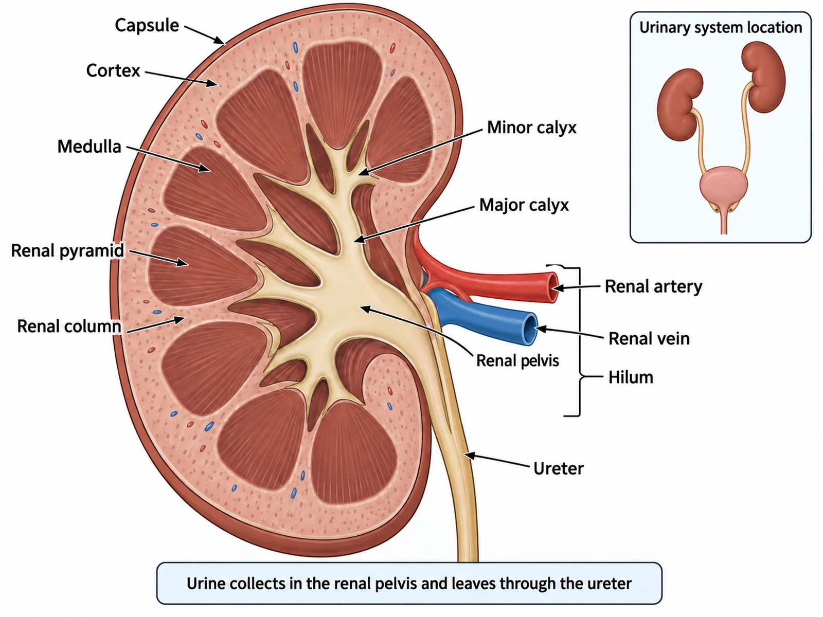Labeled kidney cross section showing the cortex, medulla with renal pyramids, renal pelvis, and the renal artery, renal vein, and ureter at the hilum