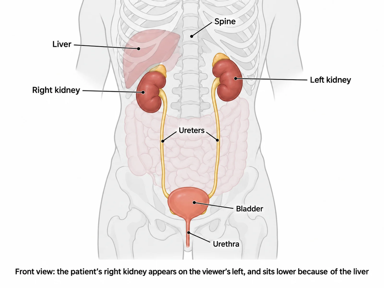 Front-facing torso diagram showing the kidneys retroperitoneal against the back wall behind the intestines, with the ureters running down to the bladder