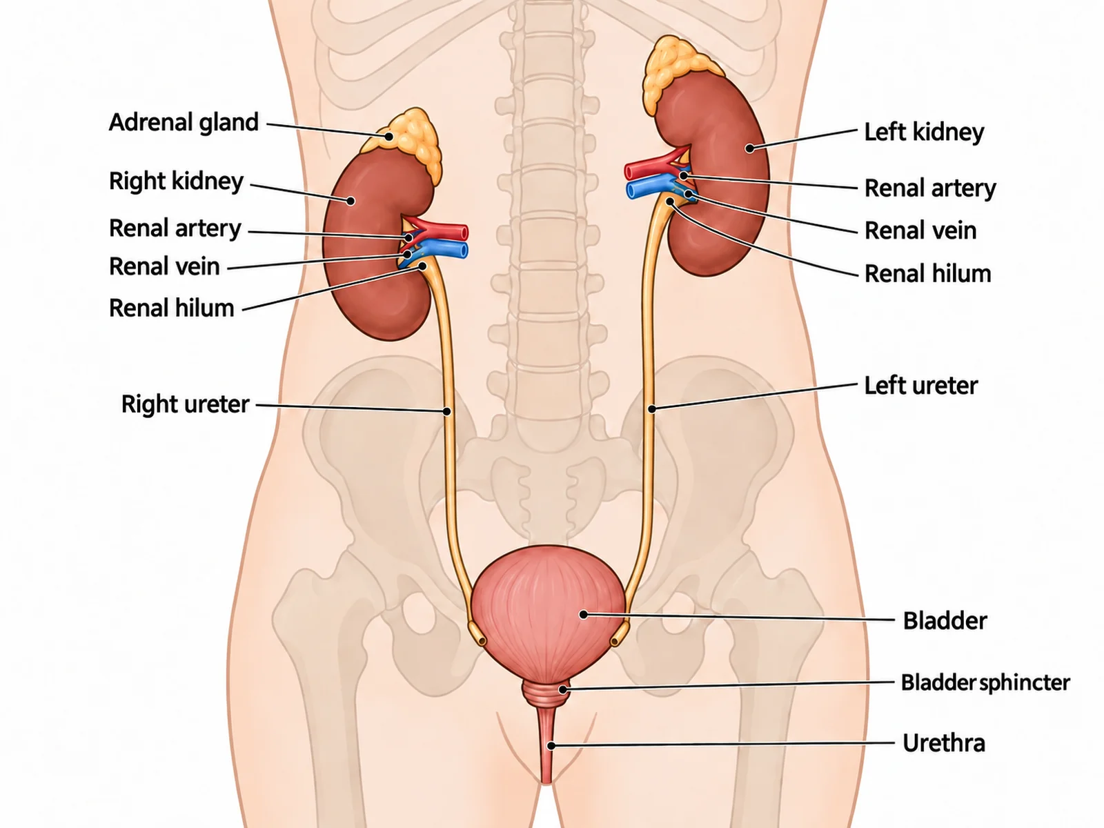 Labeled urinary system diagram naming both kidneys, both ureters, the bladder, the urethra, the renal artery and vein, and the adrenal glands