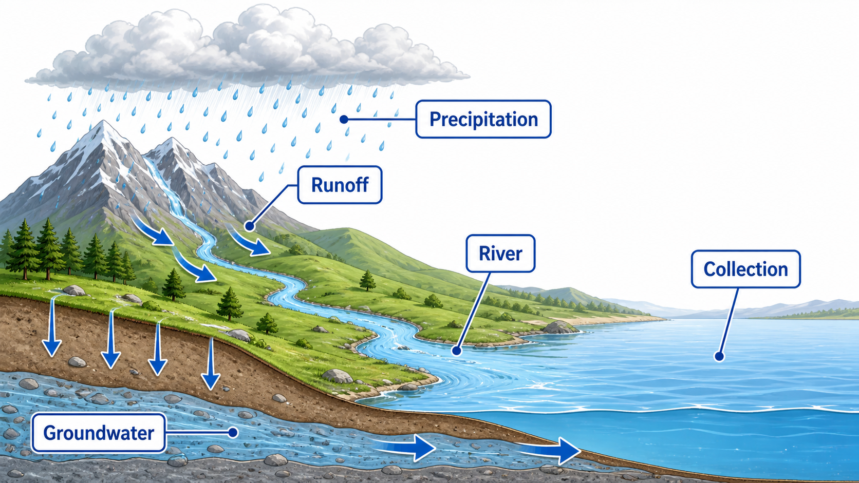 Precipitation and runoff water cycle diagram with rain, mountains, river, groundwater, and collection labels