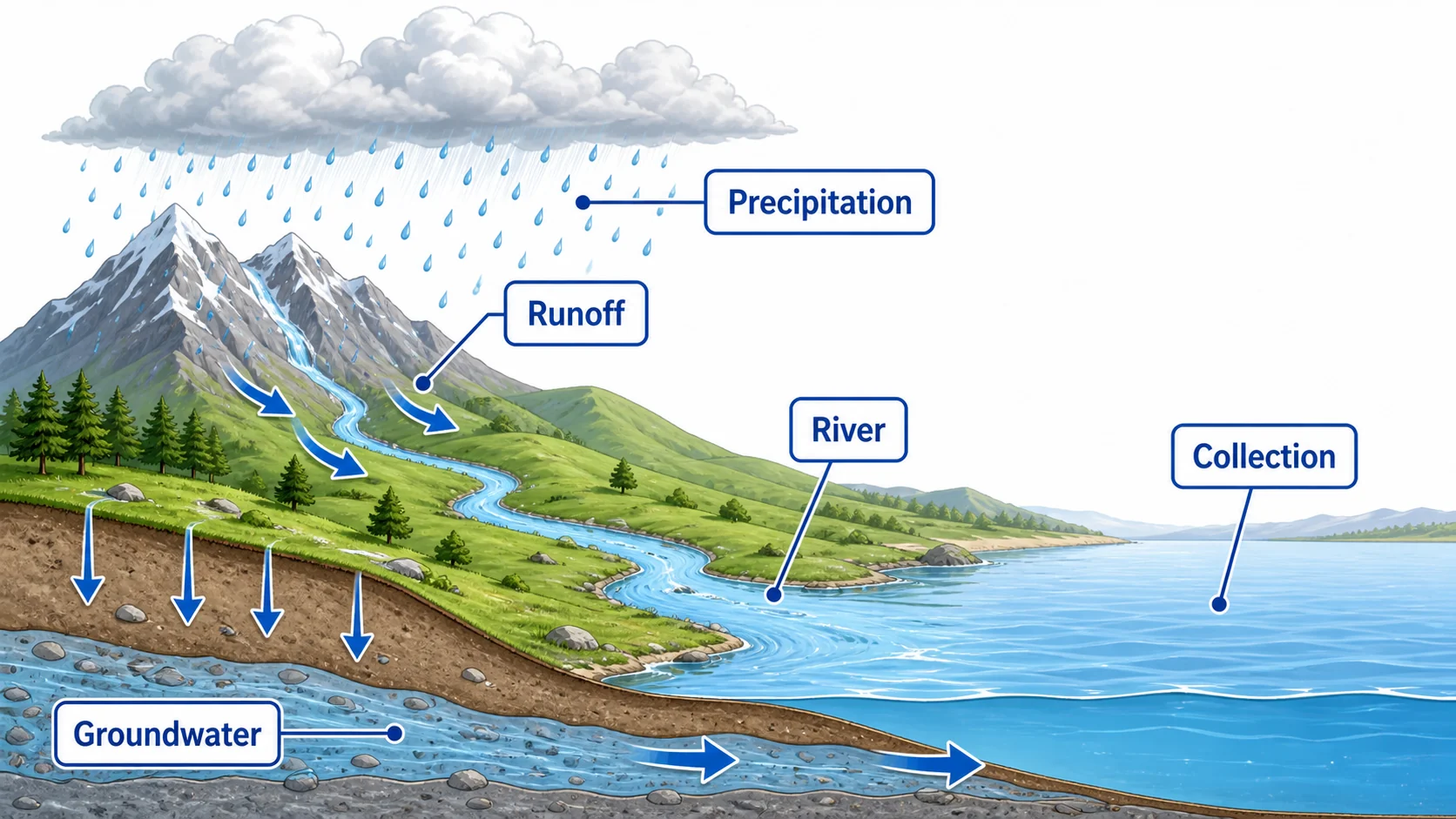 Schaubild zu Niederschlag und Oberflächenabfluss mit Beschriftungen für Regen, Berge, Fluss, Grundwasser und Sammlung