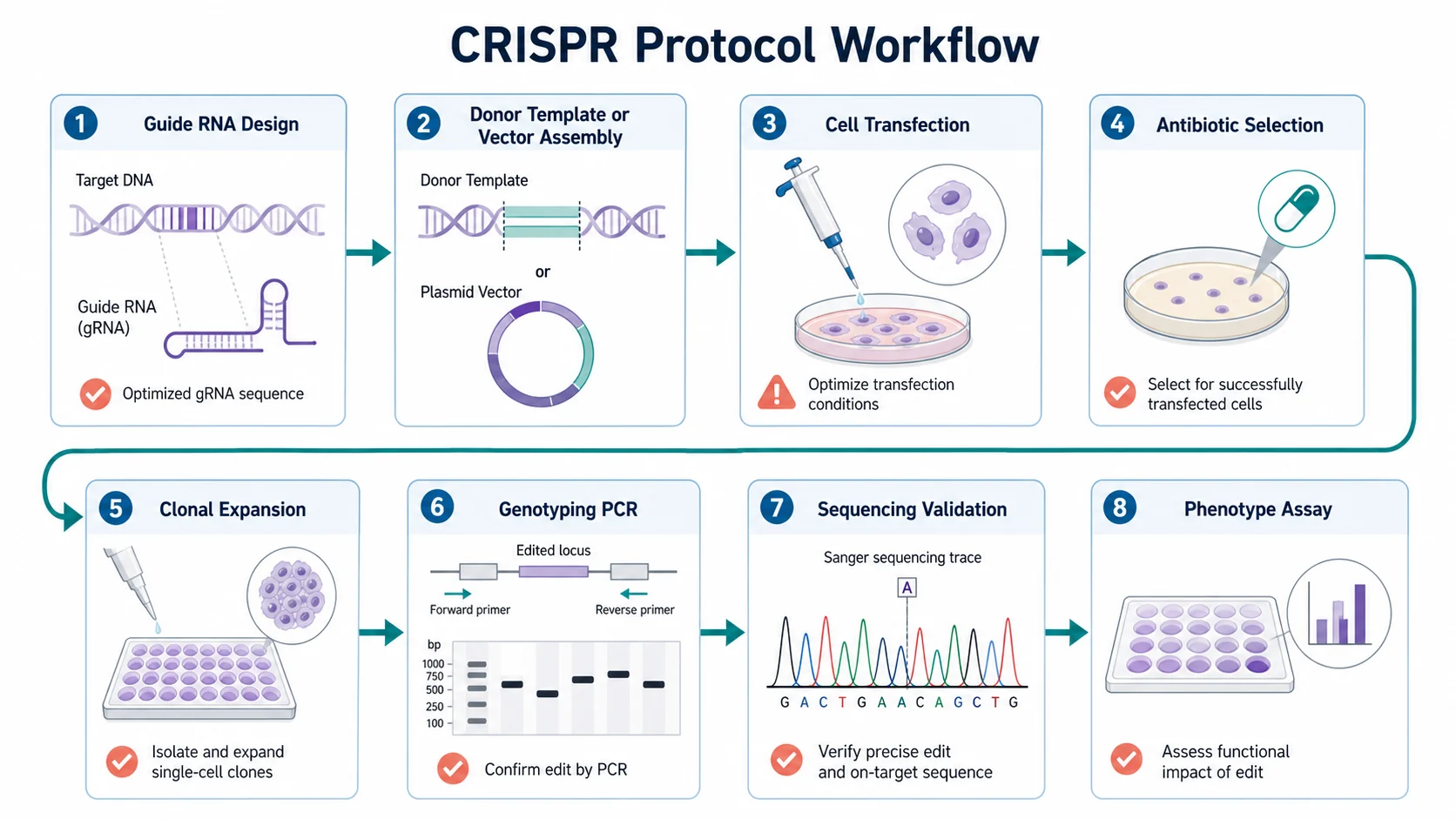 Ablaufdiagramm eines CRISPR-Protokolls mit Design der Guide-RNA, Klonierung, Transfektion, Selektion, Genotypisierung und Phänotyp-Assay