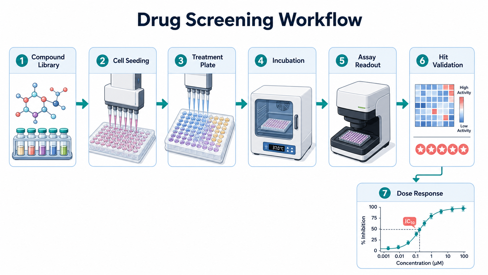 Drug screening workflow diagram with compound library, cell seeding, assay readout, hit selection, and dose validation