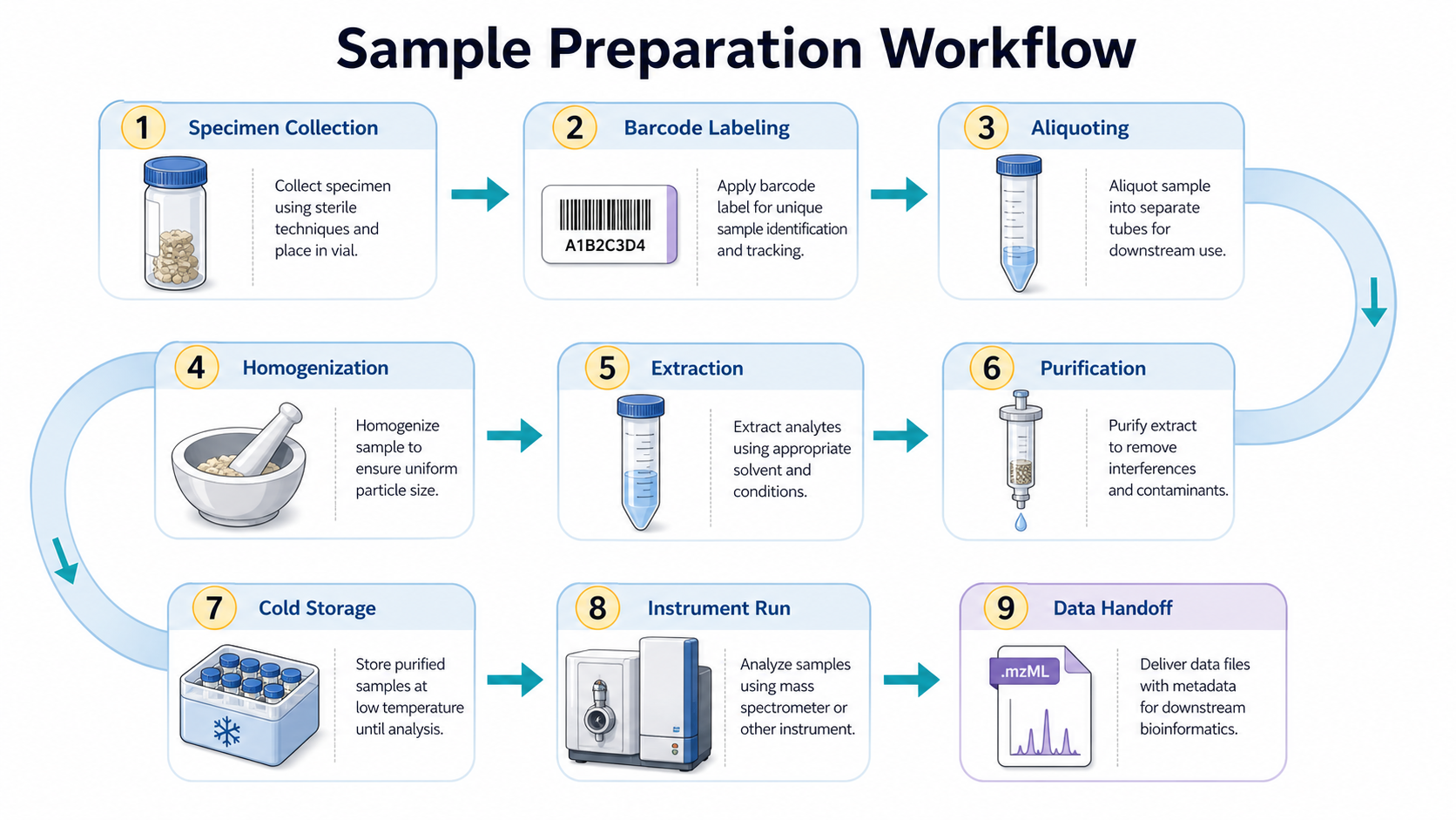 Sample preparation workflow diagram with specimen collection, barcode labeling, aliquoting, extraction, storage, and instrument run